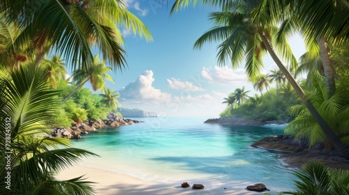 Tropical Beach Paradise Realism. A hyperrealistic tropical beach paradise with crystal clear waters and lush palms.