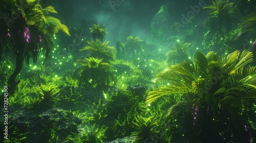 Enchanted Nighttime Jungle with Glowing Foliage. Mystical jungle at night  illuminated by bioluminescent plants under a starry sky.