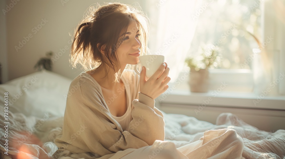 Portrait of smiling woman drinking coffee on the bed.