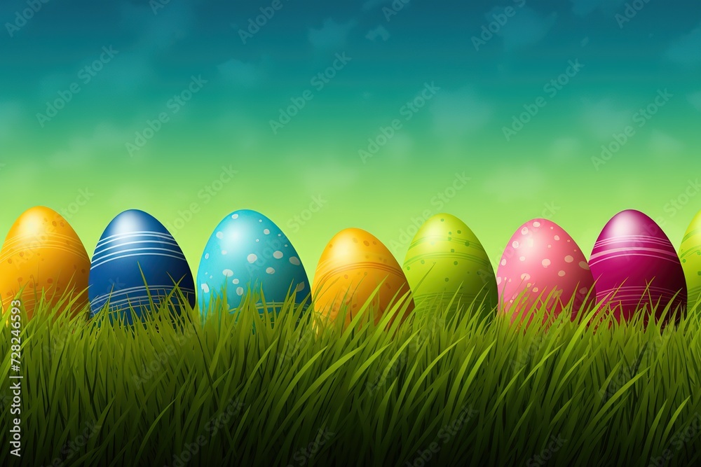 Happy Easter background, Easter eggs scene, Easter bunny ears with easter eggs, Easter poster background template with Easter eggs in the nest, Easter party concept.