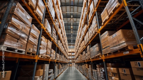 A detailed photo of a warehouse filled with neatly stacked pallets illustrating the improved inventory management and reduced transportation costs achieved through reshoring. © Justlight