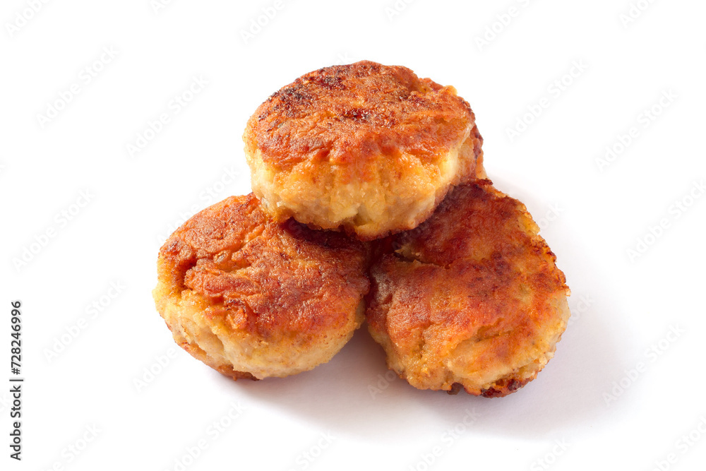 Pile of homemade cutlets on a white background. Traditional meat cutlets.