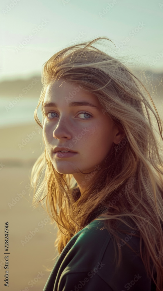 vertical portrait of a cute blonde with freckles against the background of the ocean, early warm morning, advertising marine entertainment and sports vertical portrait of a cute blonde with freckles against the background of the ocean, early warm morning, advertising marine entertainment and sports
