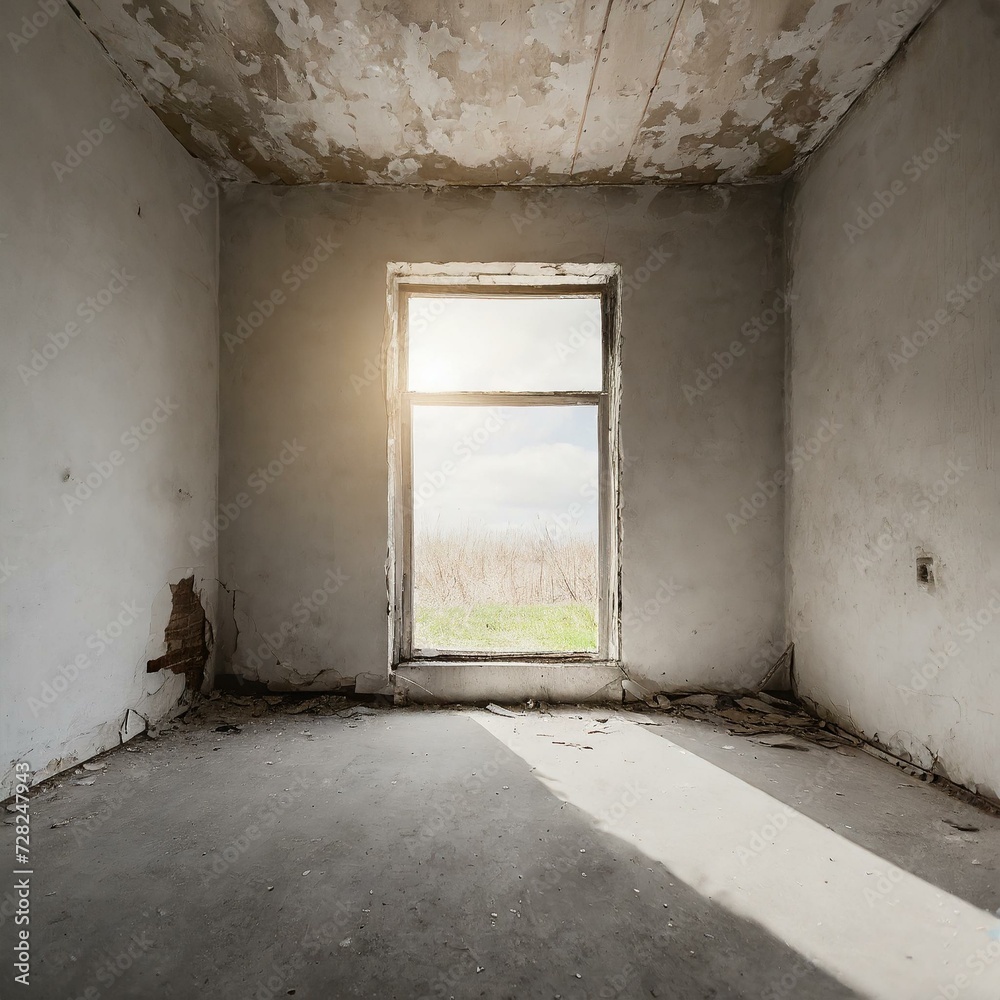 An empty, destroyed, abandoned room with a large window from which light enters the room. Empty wall with cracks.generative ai