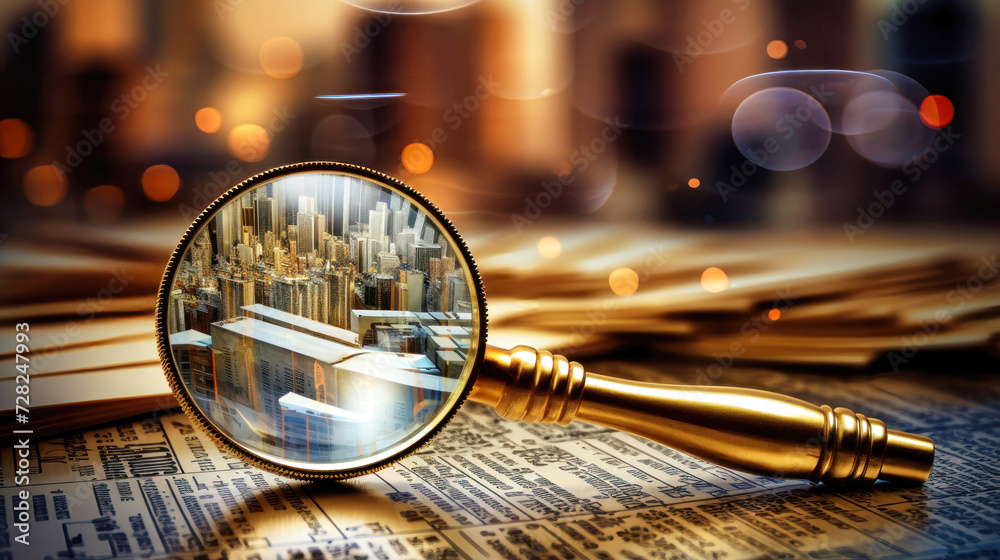 Magnifying Glass on Map, Exploring Locations and Market Opportunities. Business Control over quotes and shares. Market research. Trader. Magnifying Glass on Map, Exploring Locations and Market Opportunities. Business Control over quotes and shares. Market research. Trader.