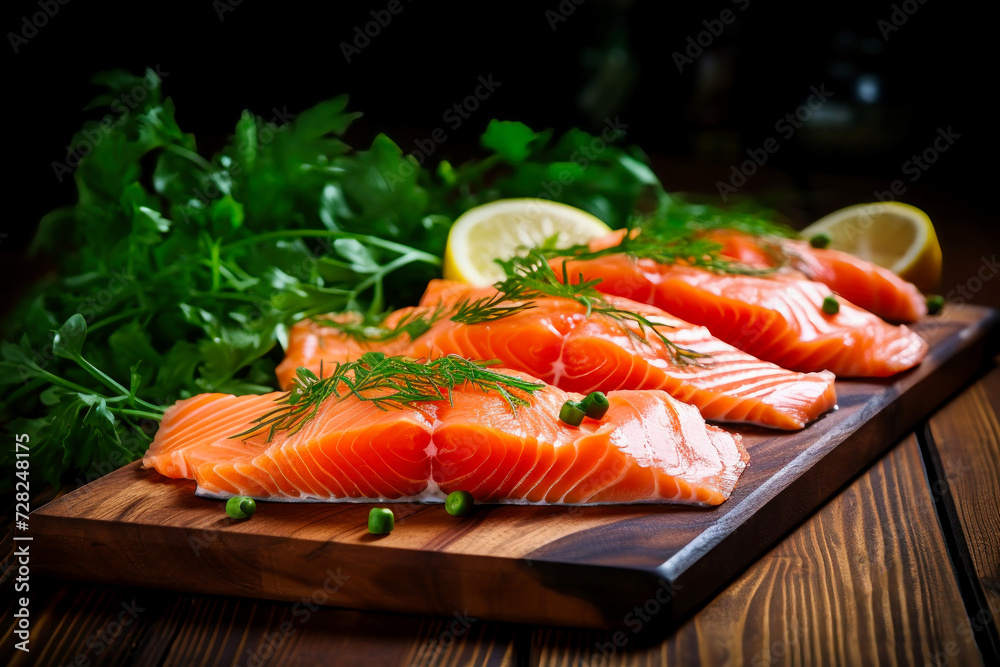 Wooden Cutting Board With Fresh Salmon Fillet Wooden Cutting Board With Fresh Salmon Fillet