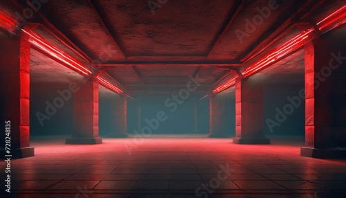 light in the tunnel, Empty underground background with red lighting with space for text or product, Ai Generate