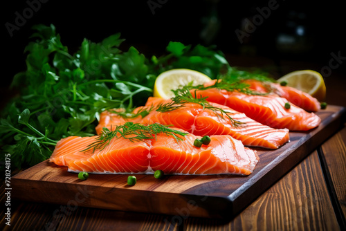 Wooden Cutting Board With Fresh Salmon Fillet