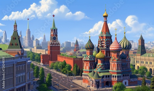 Cartoon Moscow city scene. Gameplay. Game design. A capital of Russia. Red Square. Animated Moscow, Russian capital. Kremlin. Cathedral. Temple. The Cathedral of Vasily the Blessed. Tower, red star