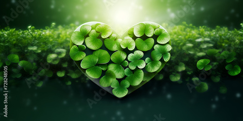 Green heart shapes with leaf on green forest background generative ai photo