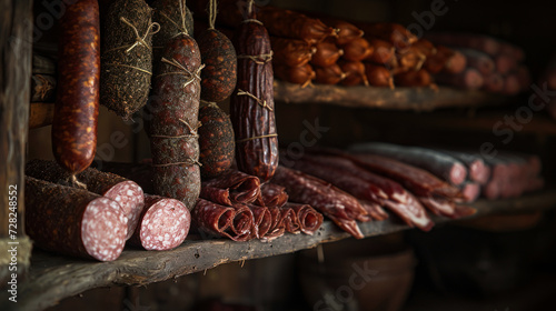 Assorted Sausages Displayed on Shelf - Diverse Selection of Homemade and Smoked Sausages