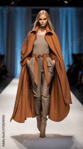A beautiful attractive female model in an orange leather coat, confidently walking down the runway. An exhibition of a new collection of clothes, a fashion week, a fashion show of the concept.