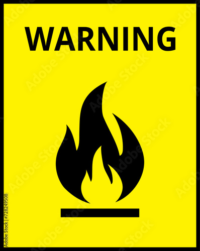 Fire warning sign in yellow triangle, isolated. Flammable, inflammable substances icon. Hazard icon. Vector