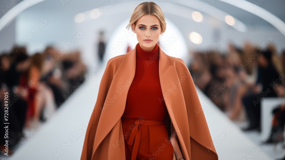 Fototapeta premium Fashion show. A beautiful attractive woman in a coat confidently walks along the catwalk, showing off the designer's new clothing collection for Fashion Week.