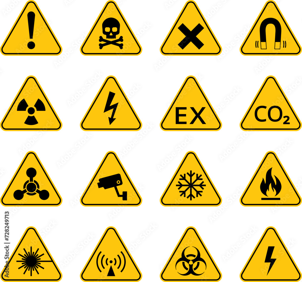 Yellow Warning Dangerous sign set. Poison, toxic, biohazard caution sign. Skull, Flammable, electricity, chemical, danger yellow triangle symbol. Vector . Yellow Warning Dangerous sign set. Poison, toxic, biohazard caution sign. Skull, Flammable, electricity, chemical, danger yellow triangle symbol. Vector .