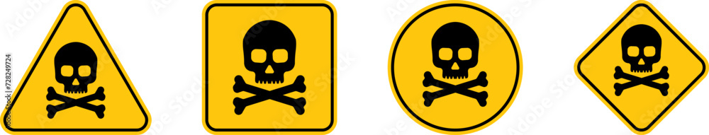 Sign Poison. Danger sign with skull. Toxic, electricity or chemical Warning icon. Danger Yellow triangle sign with skull and crossbones icon. Symbol of death. Sign Poison. Danger sign with skull. Toxic, electricity or chemical Warning icon. Danger Yellow triangle sign with skull and crossbones icon. Symbol of death.