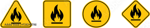 Fire warning sign in yellow triangle, isolated. Flammable, inflammable substances icon. Hazard icon. Vector