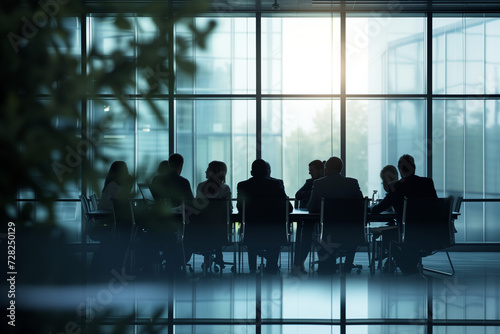 group of people silhouettes in conference room at meeting discussing business