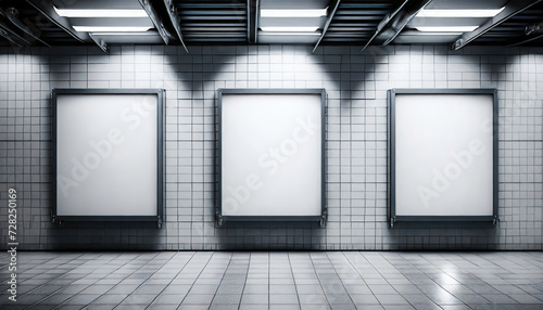 Three mockup blank white signs or billboards on underground subway wall.