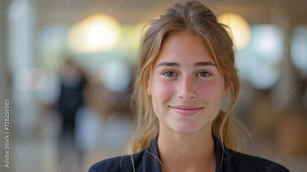 Cropped image of a smiling young businesswomen, with a blurred or bokeh background of modern office, AI generate. - obrazy, fototapety, plakaty 