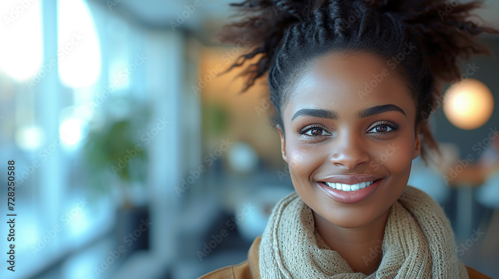 Cropped image of a smiling young businesswomen, with a blurred or bokeh background of modern office, AI generate. - obrazy, fototapety, plakaty 