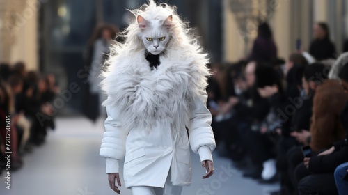 Fashion show. A model in a cat mask confidently walks the catwalk, showing off the designer's new collection of clothes at Fashion Week.
