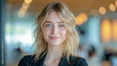 Cropped image of a smiling young businesswomen  with a blurred or bokeh background of modern office  AI generate.