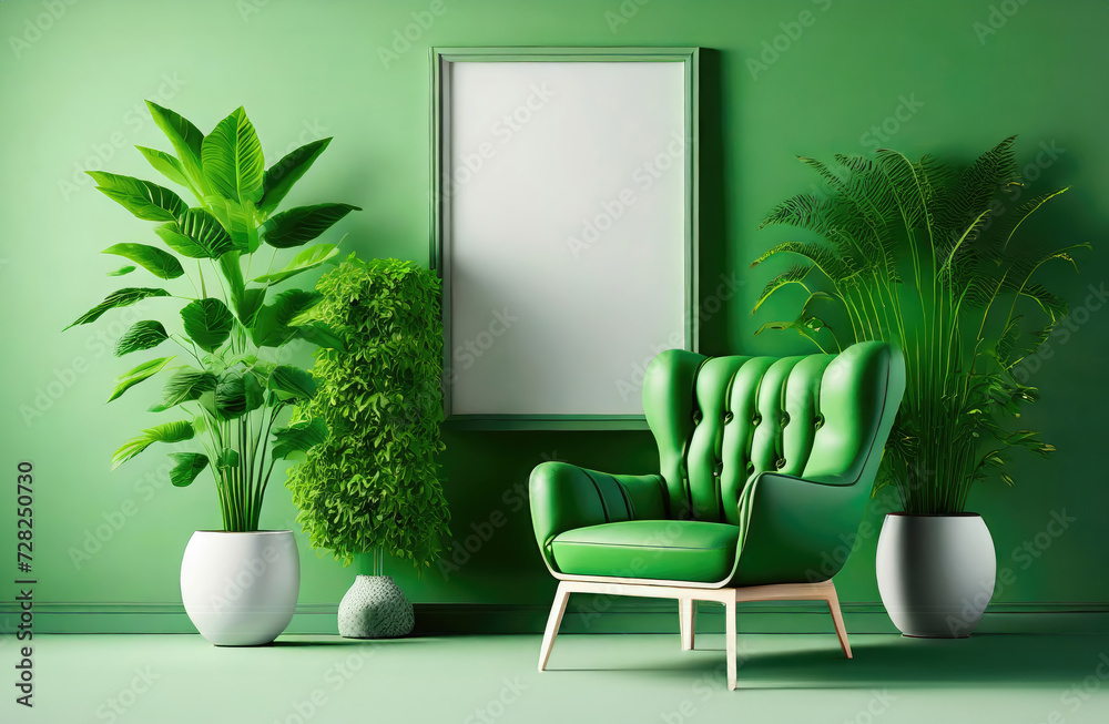 Obraz na plátně Interior poster blank mockup frame hanging on the green wall with green armchair and plants