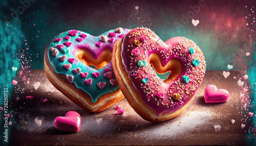 Delicious, colorful, heart shaped valentines day doughnuts or donuts.