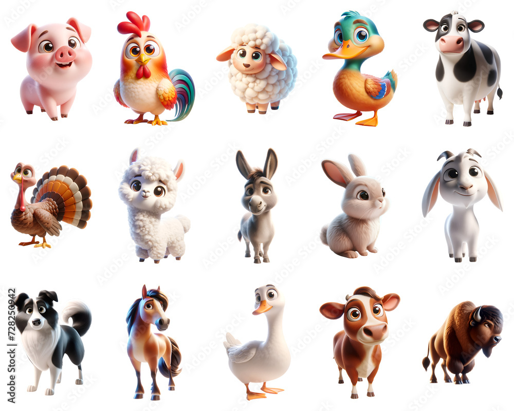 Cute and cheerful farm animal illustrations, transparent for versatile use in storybooks, farm-themed content, and kid-friendly applications.
Generative AI.