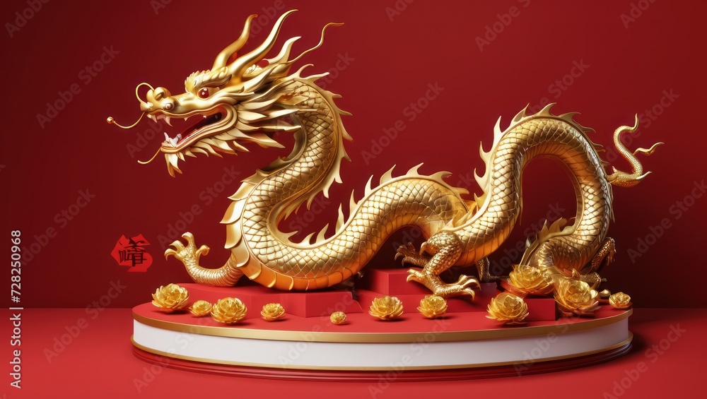 Fototapeta premium 3D Chinese dragon podium for Lunar New Year 2024 celebrations.