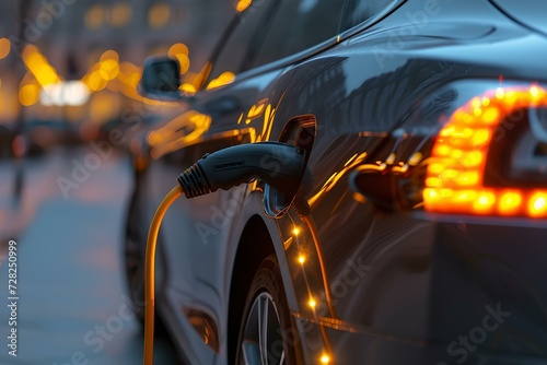 Electric vehicle charging at dusk on a city street  focus on charger  sustainable transportation concept. AI