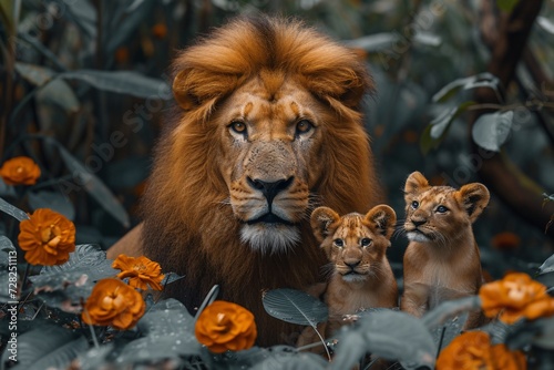 Lion King - A lion with its cubs in a forest setting, reminiscent of the popular movie franchise. Generative AI