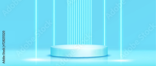 Hologram circular product display podium in room with blue floor and wall, neon glow line decorative elements. Realistic vector studio pedestal mock up for goods promotion showcase and presentation.