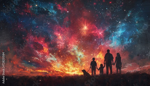 A Family Stroll in the Cosmic Night Sky Generative AI