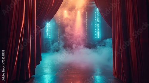 Grand stage entrance shrouded in mist, dramatic red curtains and spotlights set the scene for a performance. AI