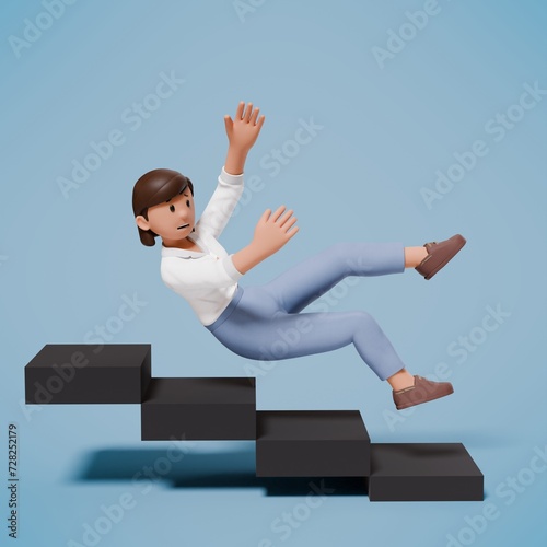 Valokuva 3d character woman wearing a white shirt fell while descending the stairs with a