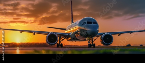 Airplane on the airfield with sunset background photo