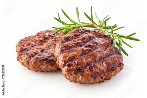 Grilled beef burger patties with rosemary on white background