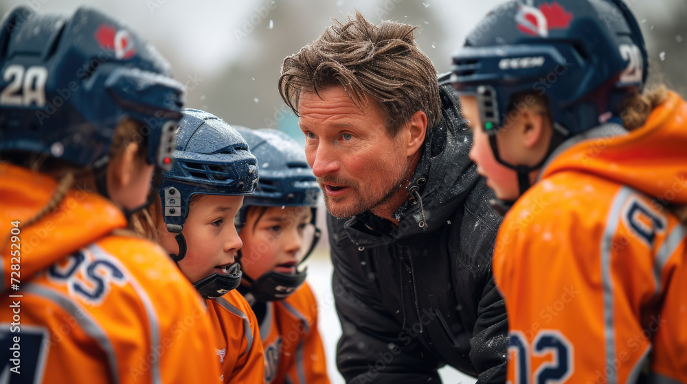 Hockey Coach Strategizing with Youth Team Hockey Coach Strategizing with Youth Team