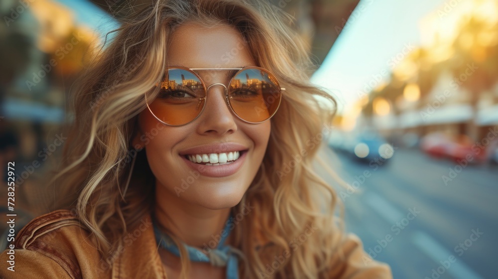 Charming Woman Smiling in Sunlit City Charming Woman Smiling in Sunlit City