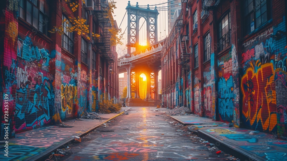 Graffiti-Covered Alleyway Leads to a Bridge with a Sunset Glow Generative AI - obrazy, fototapety, plakaty 