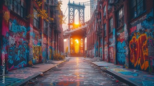 Graffiti-Covered Alleyway Leads to a Bridge with a Sunset Glow Generative AI photo