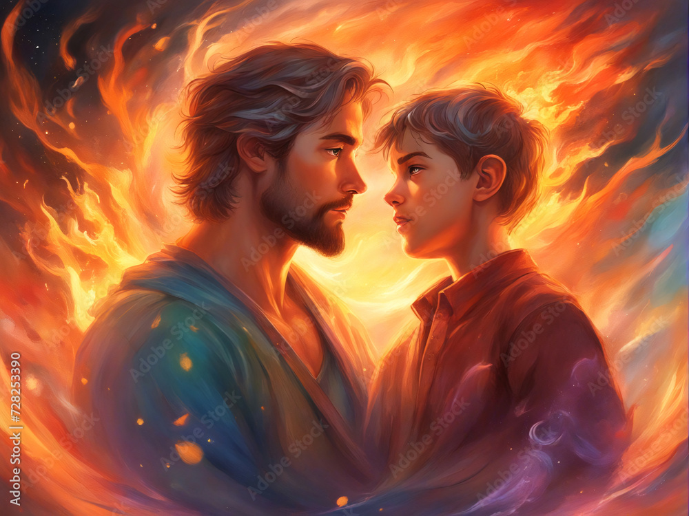 A father and his son surrounded by fire.