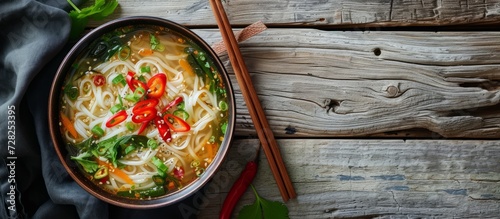 Delicious Yunnan Rice Noodle Soup Served on a Rustic Wooden Table