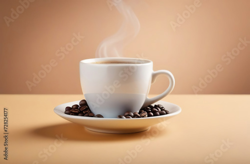 Cup of coffee and saucer. White classic ceramic mug filling a hot black coffee isolated on a beige studio background. Steaming flowing smoke. Coffee beans on a table. Copy space  front view  banner.