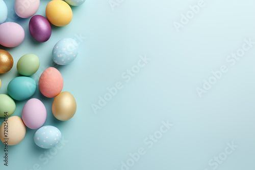 Colorful easter eggs on pastel blue color background with space. 