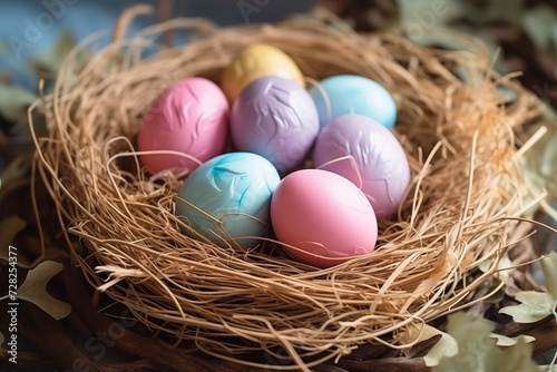Colorful easter eggs in the nest. Greetings and presents for Easter Day