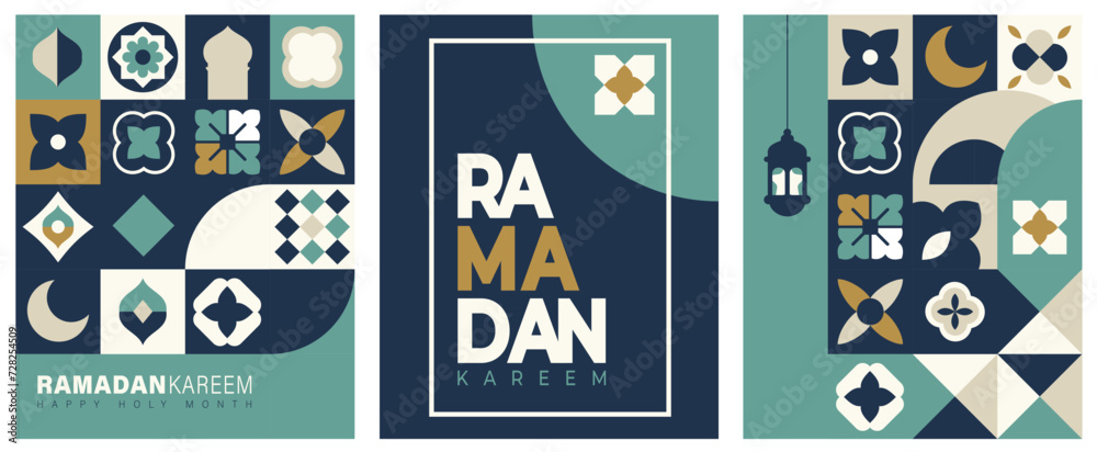 Fototapeta premium Islamic festival poster background design in flat geometric style, arabic calligraphy, crescent moon and lantern. Suitable for Ramadan Kareem , Hari Raya, Eid Mubarak, Eid al Adha.
