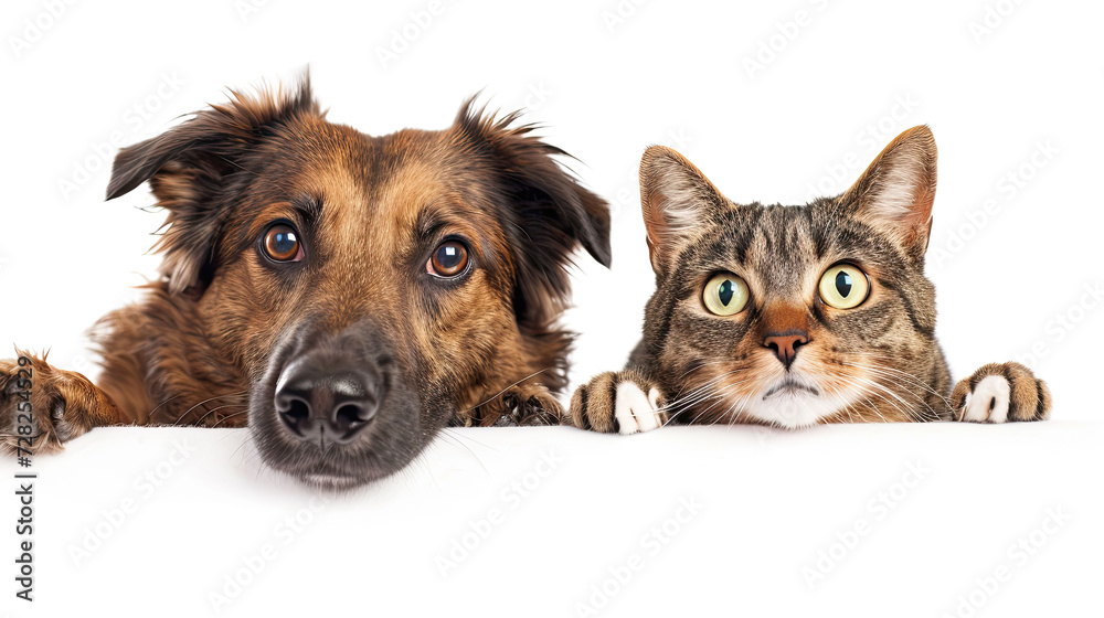Cat and dog lying together isolated on white background. Cat and dog lying together isolated on white background.